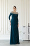 Blue long sleeves beaded evening gown